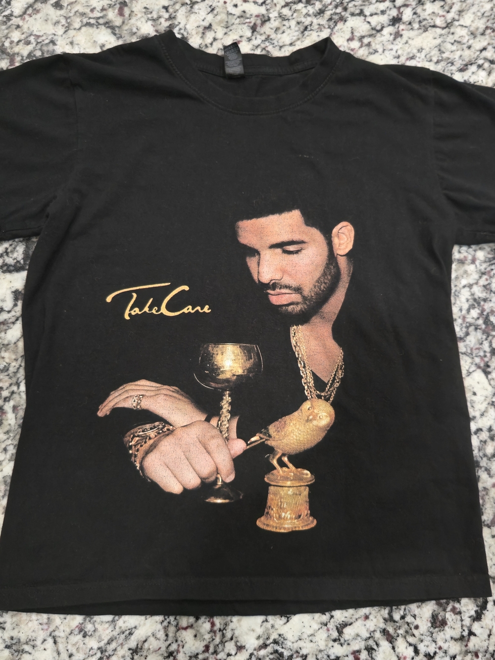 Black Graphic Men’s Tee with Gold Print - Take Care